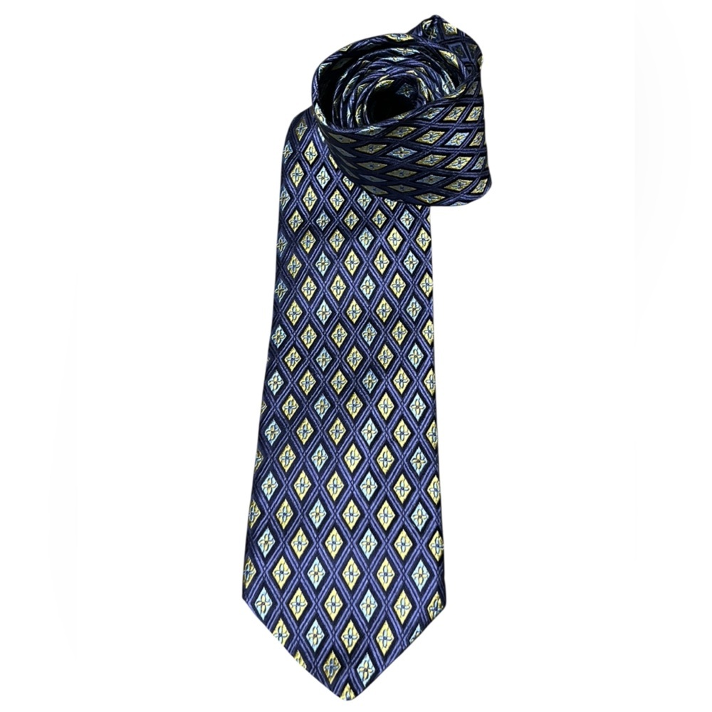 Ike Behar blue and yellow diamond print 100% silk hand tailored in USA tie